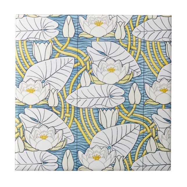Sage Green Art Nouveau Water Lily Pattern Tile (Front)