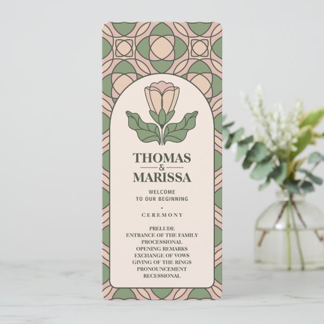 Sage Green Art Nouveau Wedding Program Card (Standing Front)