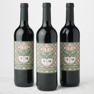Sage Green Art Nouveau Wedding Wine Bottle Label