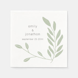 Sage Green Artsy Leaves Names Date Wedding Napkins