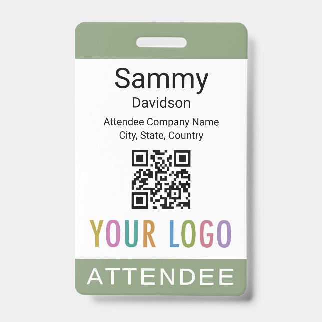 Sage Green Attendee Badge QR Code Business Logo ID Badge (Front)