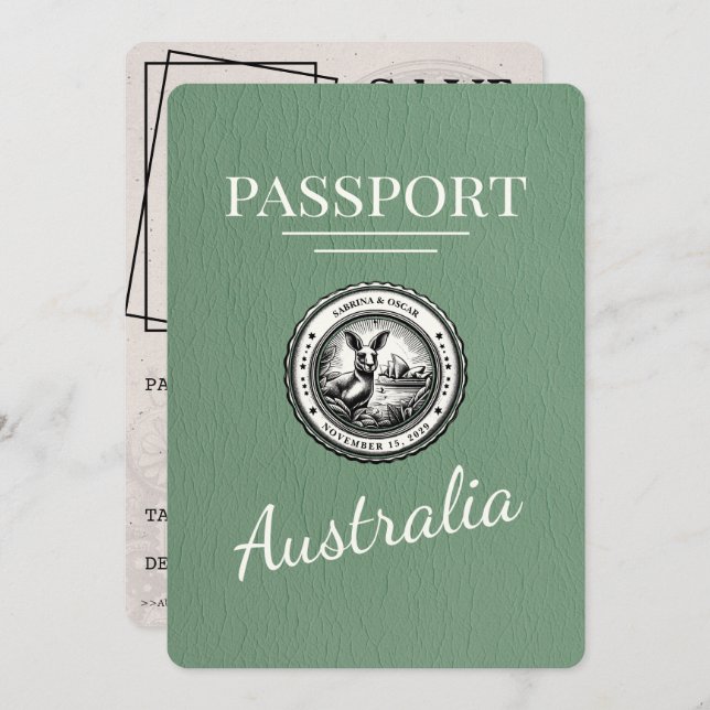 Sage Green Australia Passport Save The Date (Front/Back)