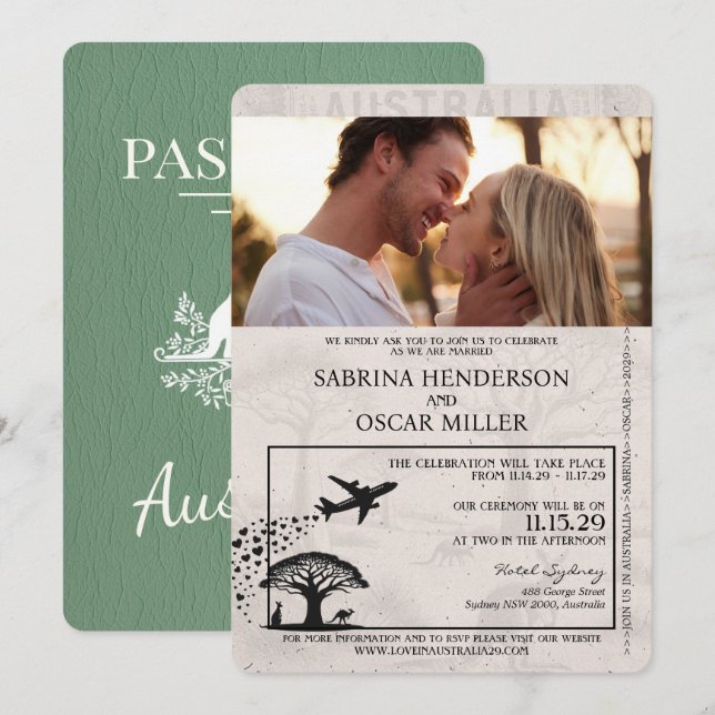 Sage Green Australia Passport Wedding Invitation (Front/Back)