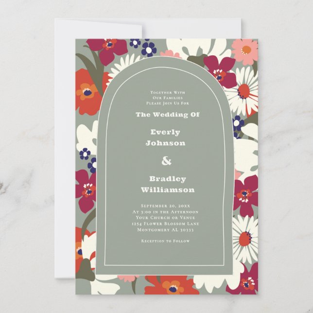 Sage Green Autumn Bold Boho Retro Wedding Invitation (Front)