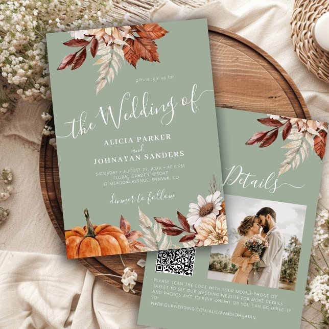 Sage green autumn fall QR code botanical wedding Invitation (Creator Uploaded)