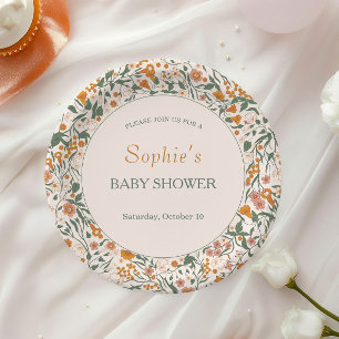 Sage Green Autumn Garden Baby Shower Paper Plate