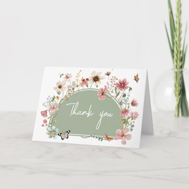 Sage Green Baby Bloom Baby Shower Thank You Card (Front)