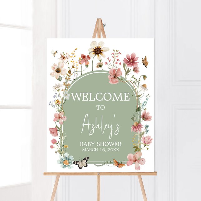 Sage Green Baby Bloom Baby Shower Welcome Poster (Gender Neutral Wildflower Baby Shower Welcome Sign)