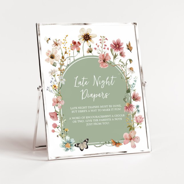 Sage Green Baby Bloom Late Night Diapers Poster (Gender Neutral Wildflower Baby Shower Late Night Diapers Sign)