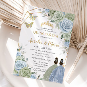 Sage Green Baby Blue Floral Twins Gold Quinceañera Invitation