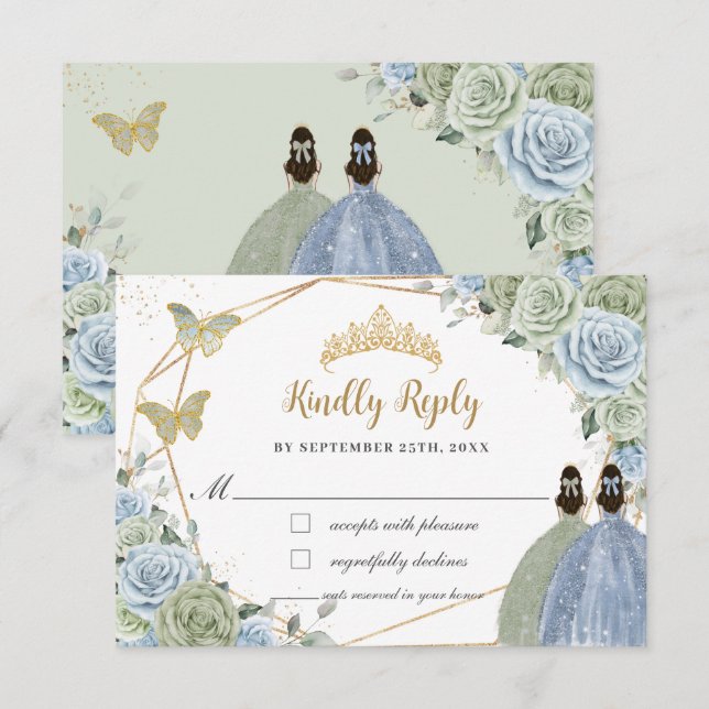 Sage Green Baby Blue Floral Twins Gold Quinceañera RSVP Card (Front/Back)