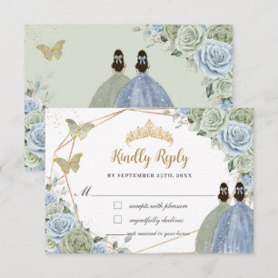 Sage Green Baby Blue Floral Twins Gold Quinceañera RSVP Card