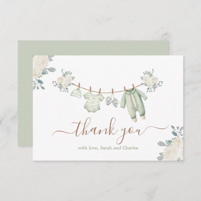 Sage Green Baby Clothes Baby Shower Thank You Card (Front/Back)