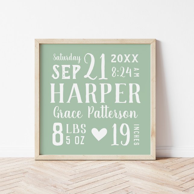 Sage Green Baby Girl Birth Stats Keepsake Poster (Creator Uploaded)