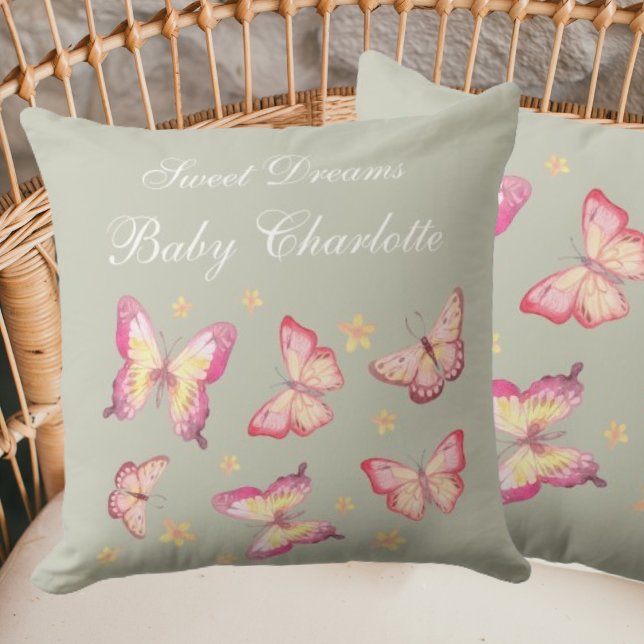 Sage Green Baby Girl Name Pink Butterfly Nursery Cushion (Creator Uploaded)