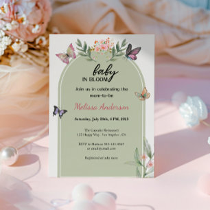 Sage Green Baby in Bloom Butterfly Baby Shower     Invitation