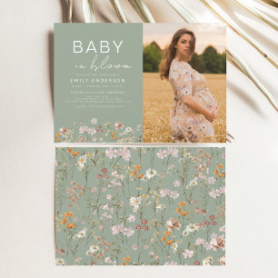 Sage Green Baby in Bloom Photo Baby Shower Invitation