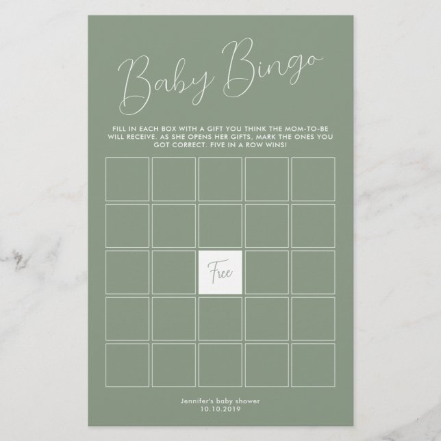 Sage Green Baby Shower Bingo Game (Front)