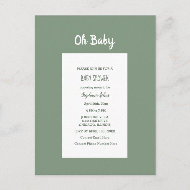 Sage Green Baby Shower Elegant Simple Boy Girl Invitation Postcard (Front)