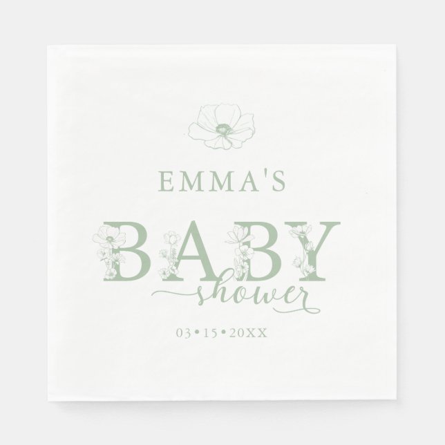 Sage Green Baby Shower | Elegant Wildflower Floral Napkin (Front)