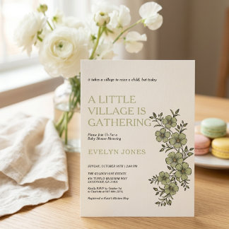 sage green baby shower, little village baby shower invitation