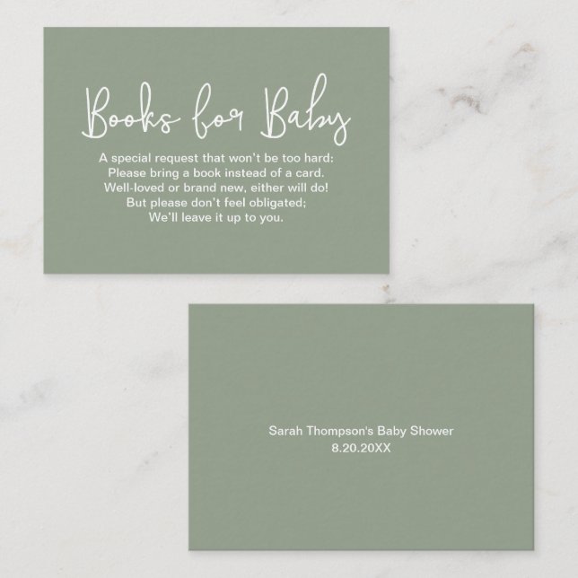 Sage Green Baby shower Modern Script Book Request Enclosure Card (Front/Back)