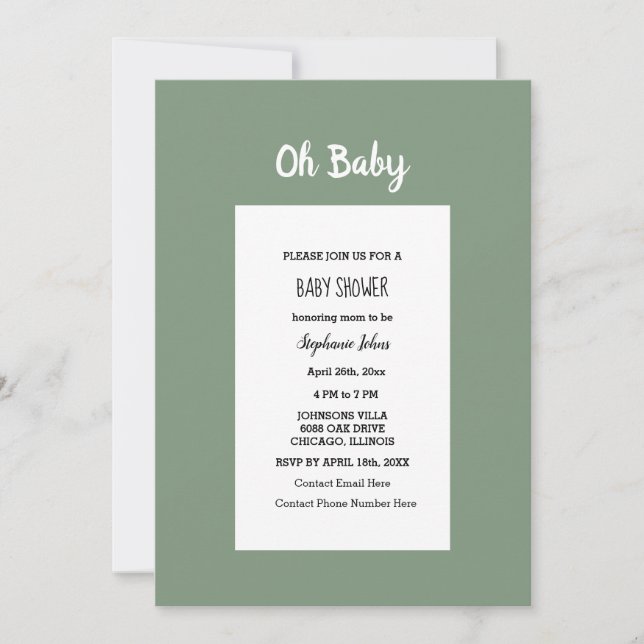 Sage Green Baby Shower QR Code Simple Minimal Invitation (Front)