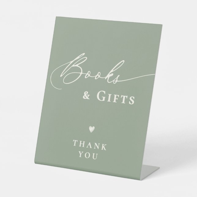 Sage Green Baby Shower Script Books and Gifts Pedestal Sign (Front)