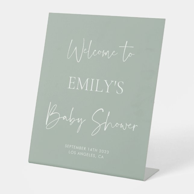 Sage Green Baby Shower Welcome Pedestal Sign (Front)
