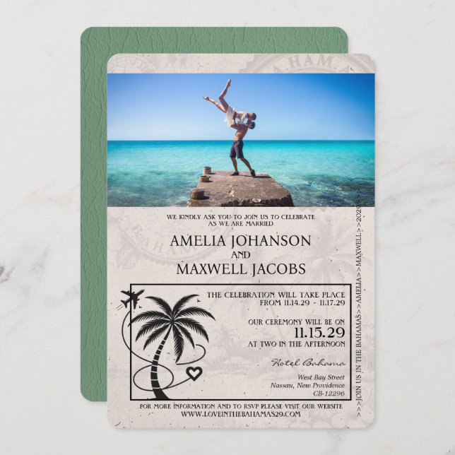 Sage Green Bahamas Passport Wedding Invitation (Front/Back)