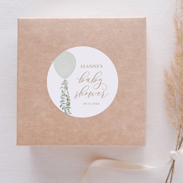 Sage Green Balloon Eucalyptus Baby Shower Classic Round Sticker (Creator Uploaded)
