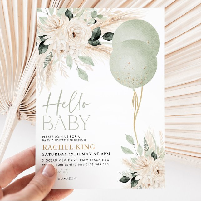 Sage Green Balloons Floral Baby Shower  Invitation (Hello Baby Baby Shower invitation | Sage green balloons and white green flowers)
