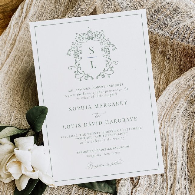 Sage Green Baroque Crest Monogram Formal Wedding Invitation (Creator Uploaded)