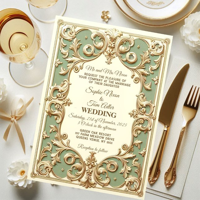 Sage Green Baroque Grandeur Floral Motif Faux Gold Invitation (Soft Green Baroque Grandeur Floral Motif Faux Gold Invitation)