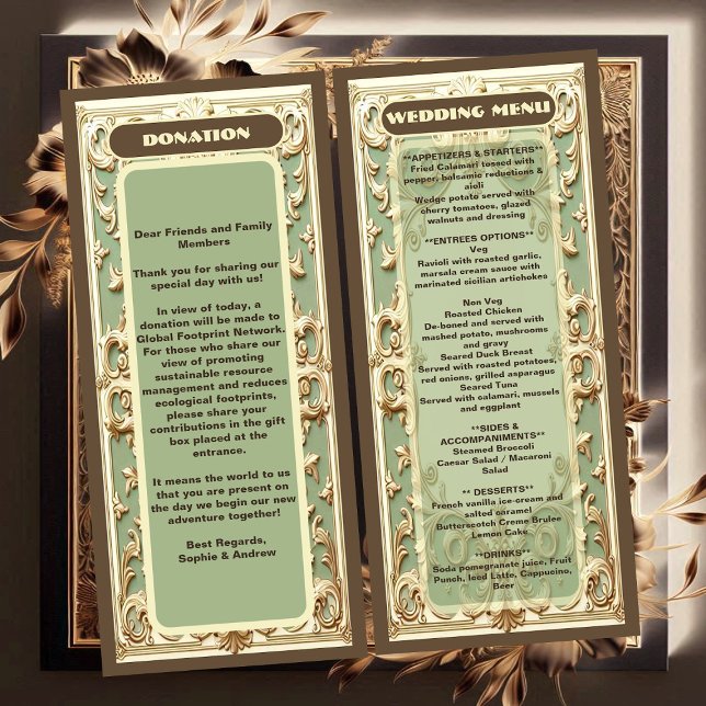 Sage Green Baroque Grandeur Florals Motif Wedding  Menu (Sage Green Baroque Grandeur Florals Motif Wedding Menu)
