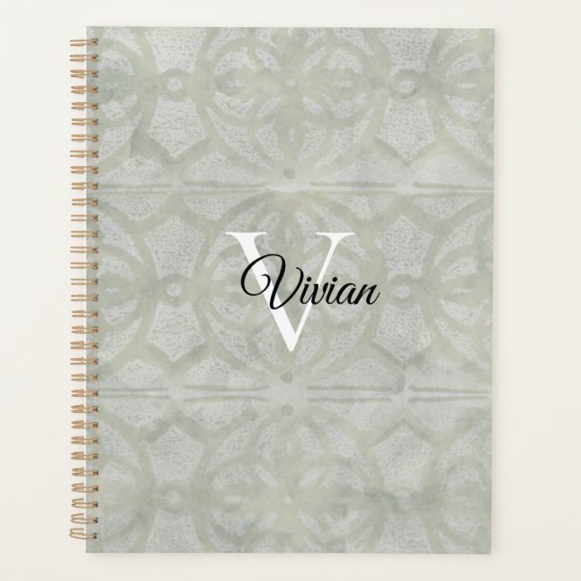  Sage Green Batik Elegant Monogram Name Planner (Front)
