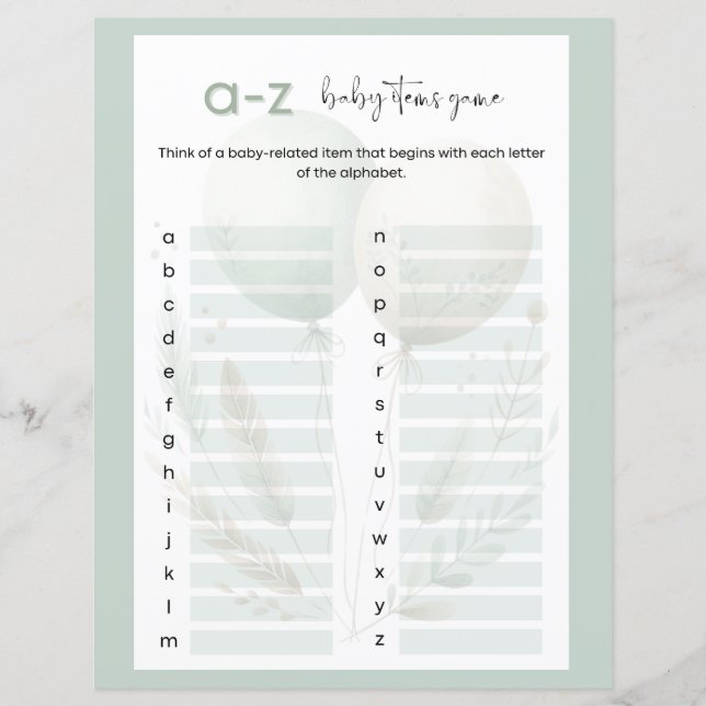 Sage Green Bear A to Z Baby Items Baby Shower Game (Front)