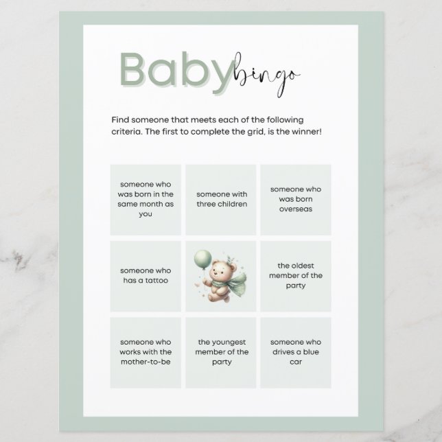 Sage Green Bear Baby Bingo (Front)