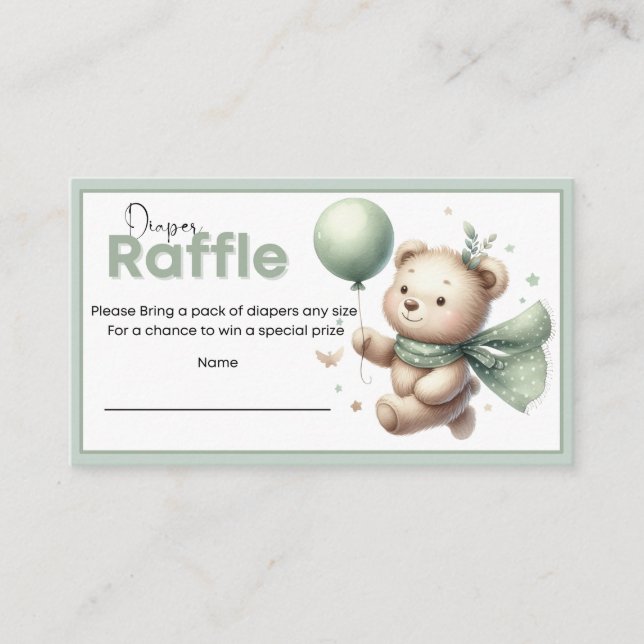 Sage Green Bear Baby Diaper Raffle Enclosure Card (Front)
