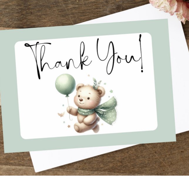 Sage Green Bear Baby Shower Folded Thank You Card (Creator Uploaded)