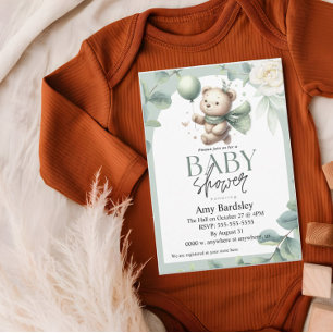Sage Green Bear Baby Shower Invitation