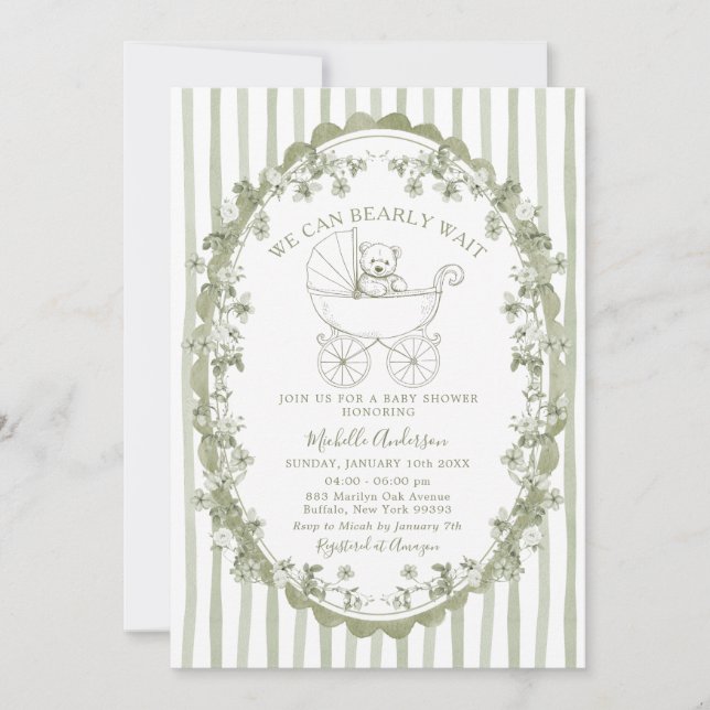 Sage Green Bear Baby Shower Invitation (Front)