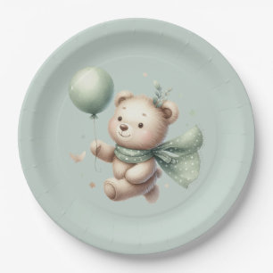 Sage Green Bear Baby Shower  Paper Plate