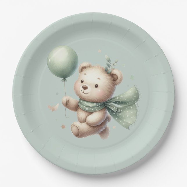 Sage Green Bear Baby Shower  Paper Plate (Front)