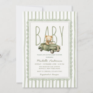 Sage Green Bear Baby Shower Stripe Invitation