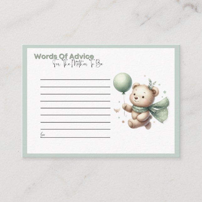 Sage Green Bear Baby Shower Words of Advice Card (Front)