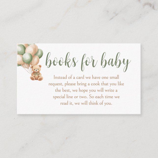 Sage Green Bear Balloon Baby Shower Books for Baby Enclosure Card (Front)