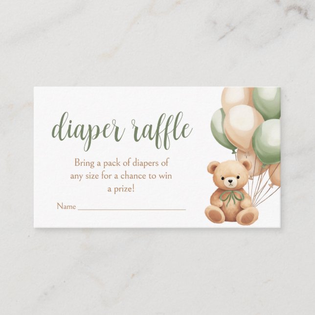 Sage Green Bear Balloon Baby Shower Diaper Raffle Enclosure Card (Front)