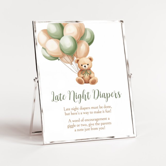Sage Green Bear Balloon Late Night Diapers Poster (Green Boho Bear Baby Shower Late Night Diapers Sign)