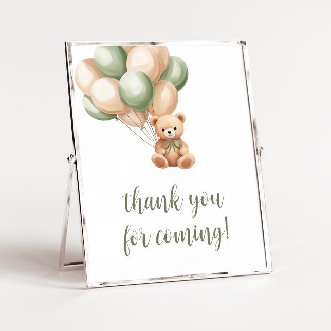 Sage Green Bear Balloon Thank you for Coming Poster (Green Boho Bear Baby Shower Thank you for Coming Sign)